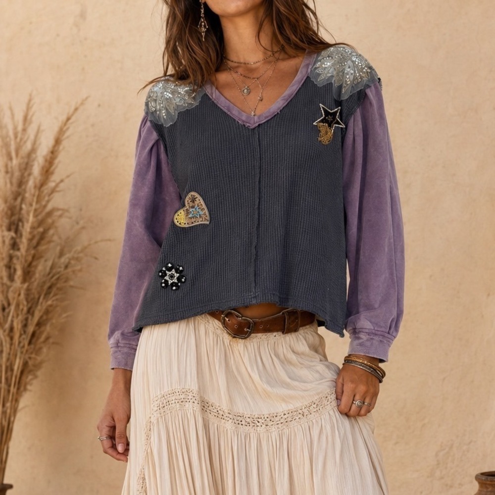POL Boho Celestial Waffle Knit Thermal Sequin Patch V-Neck Top Gray Purple M yy